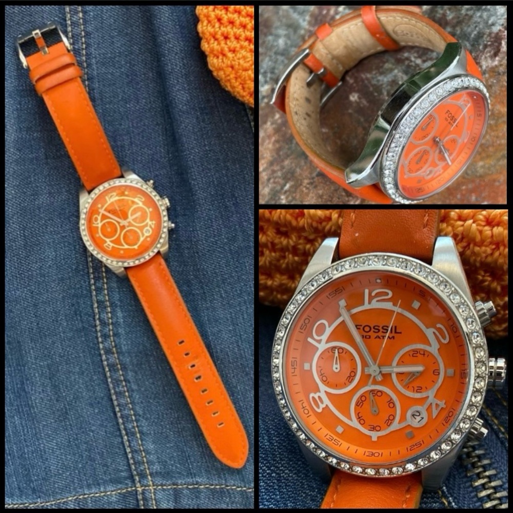 Watch Crystal Bezel FOSSIL Leather Band Orange Tangerine Summer